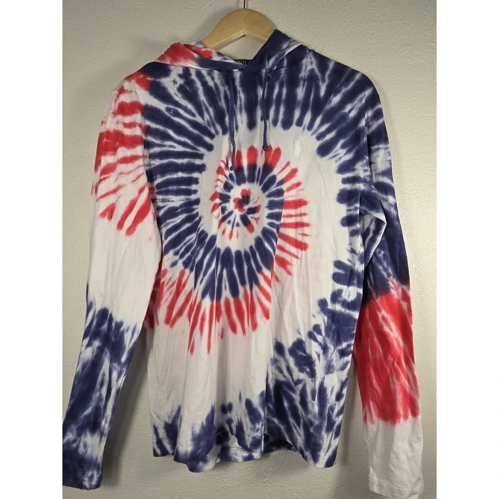 Polo Ralph Lauren Tie Dye Hoodie Shirt Men's Small Red Blue Spiral Pony Logo USA